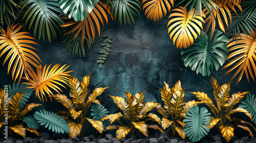 Rich golden tropical leaves against a dark backdrop, offering a luxurious natural pattern."