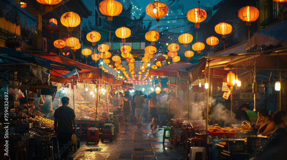 A busy Asian market street adorned with red lanterns and vendors at night A busy Asian market street adorned with red lanterns and vendors at night