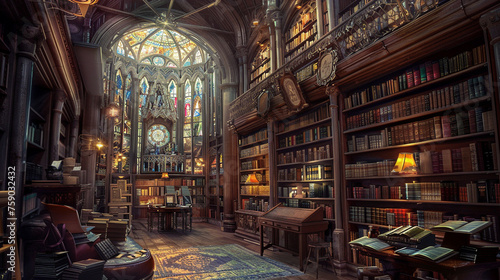 A majestic bookstore housed in an old cathedral, with towering stained glass windows and intricately carved wooden shelves filled with rare and beautiful books, 