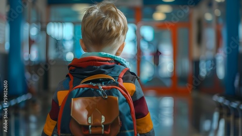 Back view of a boy kid entering the classroom with his backpack, back to school concept image