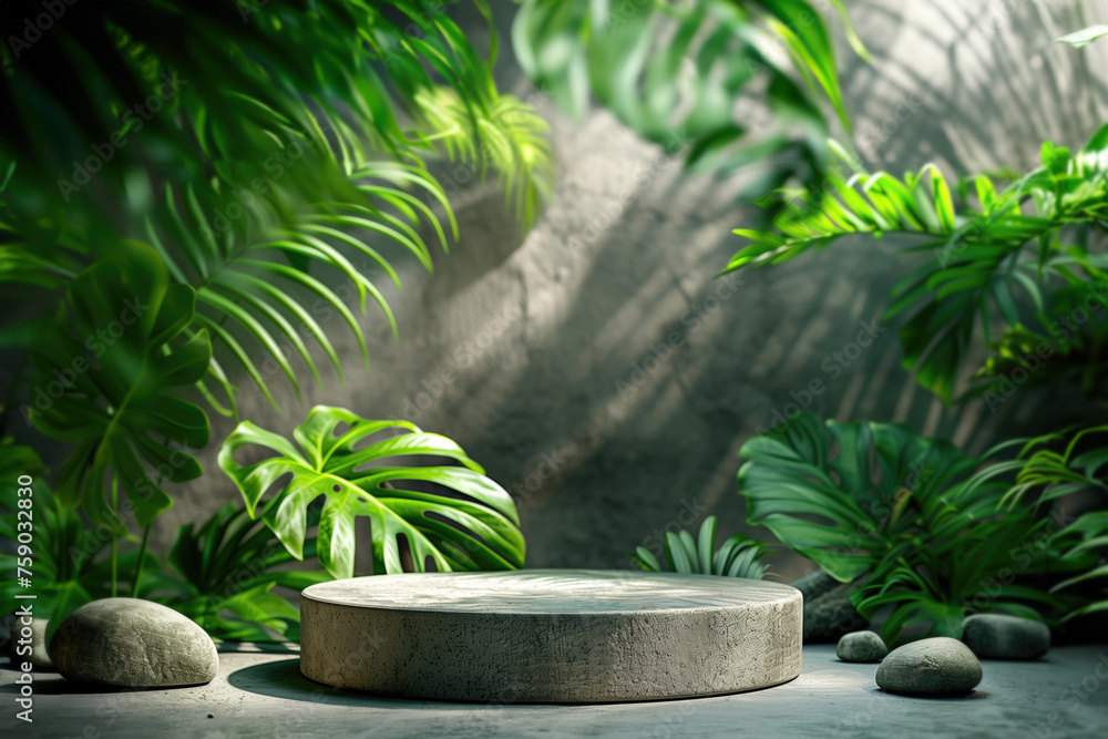 Natural stone and concrete podium in Natural green background for Empty show for packaging product presentation. Background for cosmetic products, the scene with green leaves, generative ai Natural stone and concrete podium in Natural green background for Empty show for packaging product presentation. Background for cosmetic products, the scene with green leaves, generative ai
