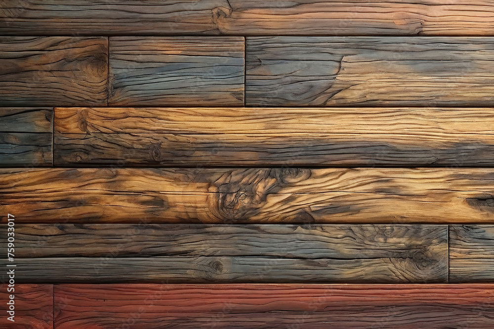 Fototapeta premium brown and black and blue and red dark dirty wood wall wooden plank board texture background with grains and structures 
