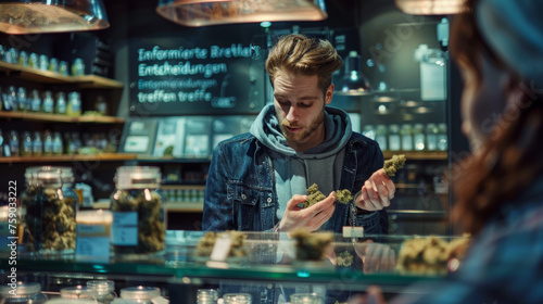 A young man closely examines cannabis buds in a modern dispensary, with jars of product on display