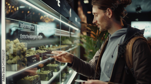 A client is purchasing premium cannabis products at a checkout counter in a high-end, stylish dispensary photo