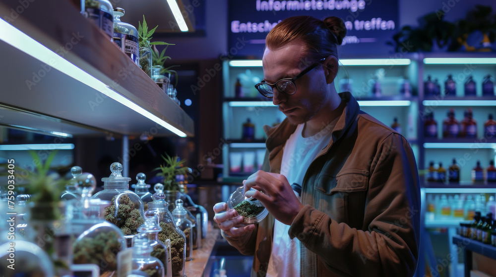 A shopper scrutinizes different marijuana buds in jars in a neon-lit high-end cannabis dispensary
