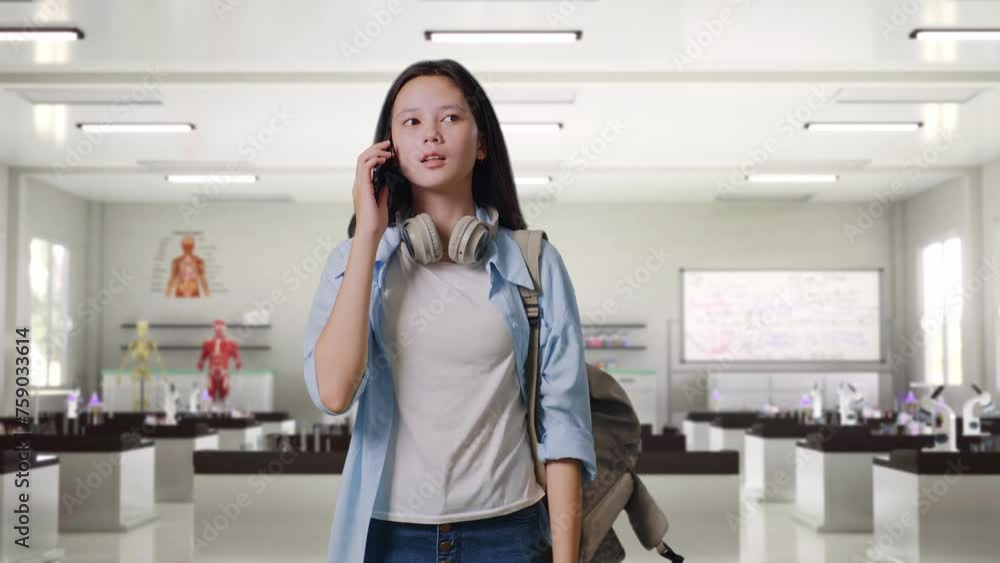 Asian Teen Girl Student With A Backpack Talking On Smartphone While Standing In Science Laboratory Asian Teen Girl Student With A Backpack Talking On Smartphone While Standing In Science Laboratory