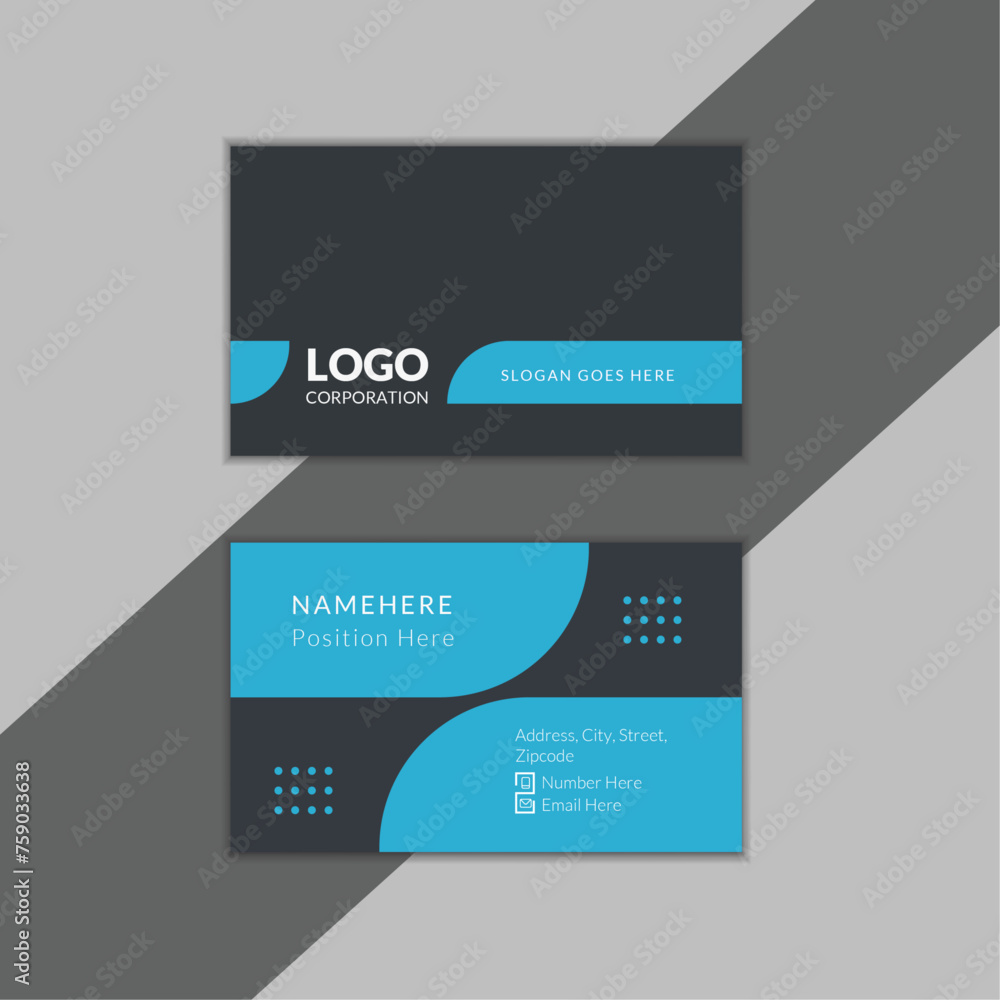 Blue and black business card design layout.
