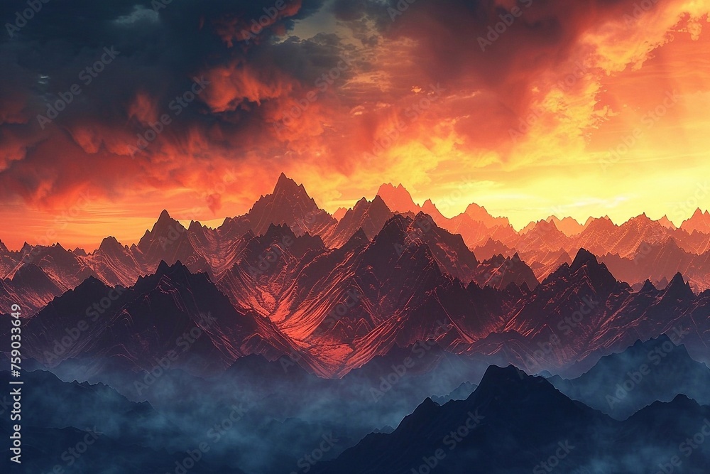 Fantasy landscape with mountains and clouds. Beautiful sunset over the mountains. 