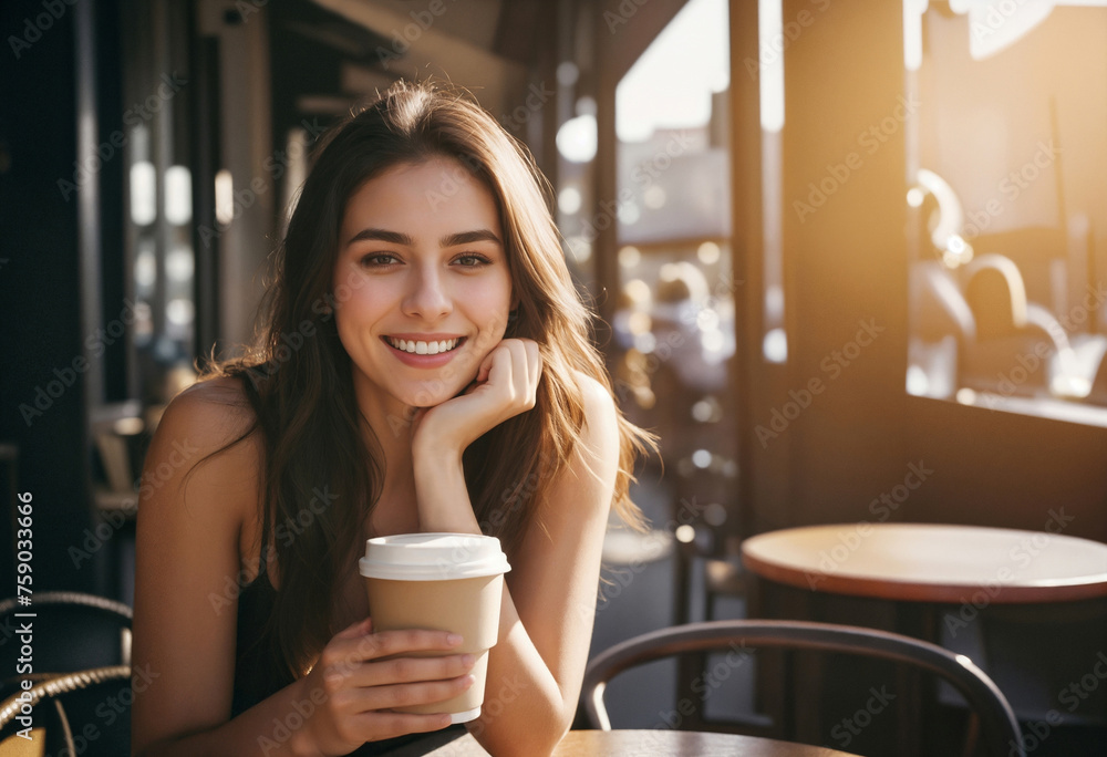 Beautiful young smiling woman sitting at outdoor table with cup of coffee Beautiful young smiling woman sitting at outdoor table with cup of coffee