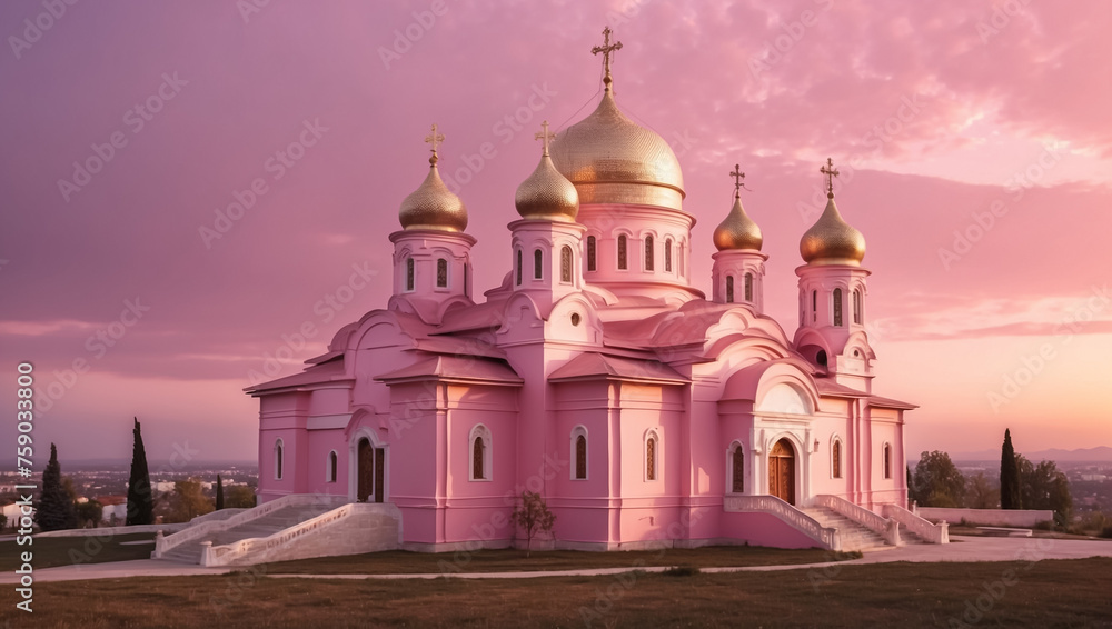 Christian Orthodox Church with golden domes. Pink light of sunset or dawn