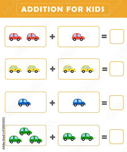 Obraz na plátne Preschool addition worksheet with cute car illustration