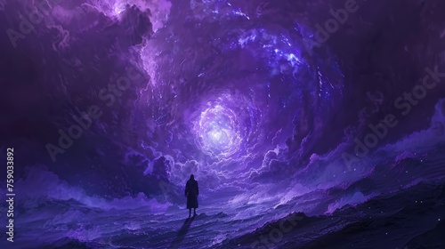 A lone observer stands at the edge of a tumultuous sea, gazing into the swirling vortex of a vibrant cosmic maelstrom.
