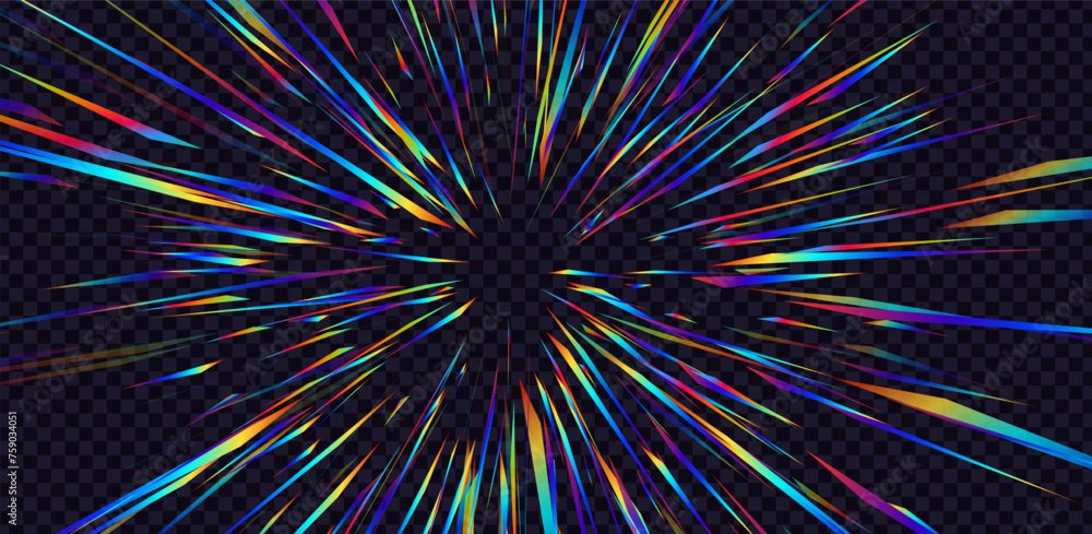 Fototapeta premium Abstract Rainbow Halo Rays on Transparent Background. Starburst or Sunburst with Rainbow Colors. Anime Burst Light Rays. Holographic Lens Flare Reflections Design Element. Vector Illustration.