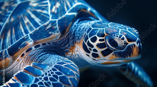 Capture the intricate patterns on a turtles shell as it swims through the ocean
