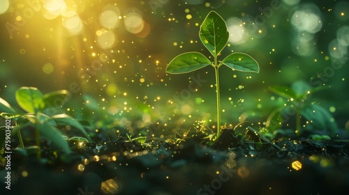A young plant emerges from the soil, basking in the sunlight, surrounded by a mystical dance of sparkling particles.