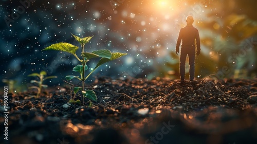 A person stands in contemplation, paralleling the growth of a young plant, both silhouetted against a backdrop of shimmering cosmic light.