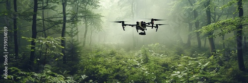 Carbon sequestration projects in a forest planting trees to capture CO2 with drones monitoring the growth and health of the area photo