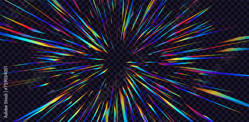 Abstract Rainbow Halo Rays on Transparent Background. Starburst or Sunburst with Rainbow Colors. Anime Burst Light Rays. Holographic Lens Flare Reflections Design Element. Vector Illustration.