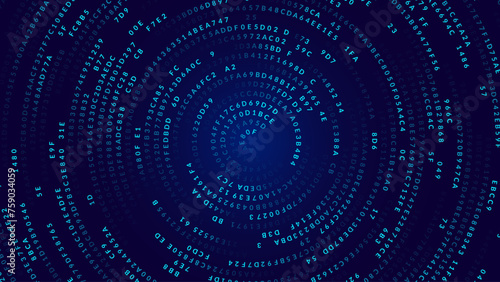 Blue Abstract Matrix Vortex Technology Background. Binary Computer Code Dynamic Spiral. Programming, Coding, Hacker Concept. Binary Numbers Moving in Spiral. Vector Illustration. Sci-fi Background.