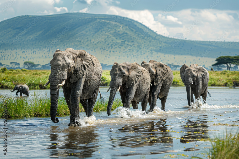 A herd of elephants are crossing a river. The elephants are walking in a line, with some of them in the water. The scene is peaceful and serene, with the elephants moving together as a group