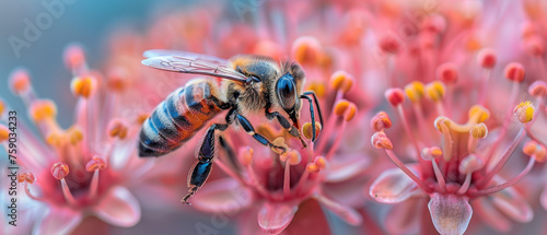 This macro image captures a bee with delicate wings collecting nectar from vivid pink blossoms, showcasing nature's beauty and pollination process © Daniel