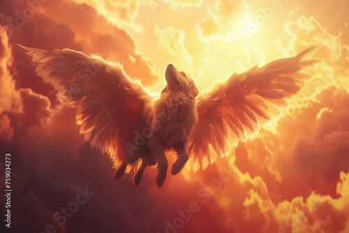 Angelic winged dog with feathered wings ascending amidst a sunset sky divine aura