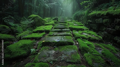 Moss-engulfed stone steps lead through a mist-filled  dense forest creating a sense of mystery.