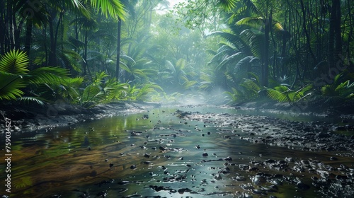 Gentle waters of a creek meandering through the sunlit foliage of a dense, tropical rainforest.
