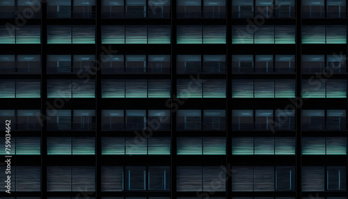 Seamless skyscraper facade with windows and blinds at night. Modern abstract office building background texture with glowing lights against dark black exterior walls. High resolution