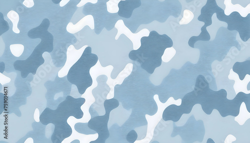 Seamless rough light pastel blue and white camouflage fabric pattern. Cute contemporary abstract playful paintball camo background texture. Boy's clothing, baby shower or nursery wallpaper design