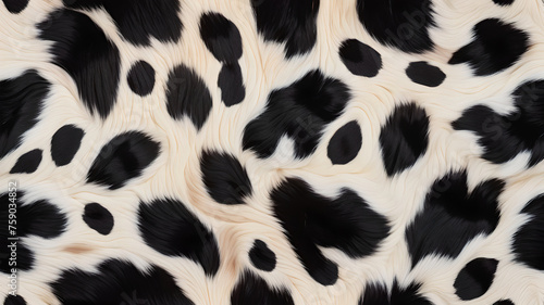Seamless soft fluffy large mottled cow skin, dalmatian or calico cat spots camouflage pattern. Realistic black and white long pile animal print rug or fur coat fashion background texture © Kovalova Ivanna
