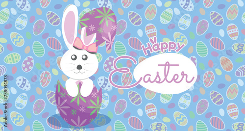 White Female Rabbit Inside an Easter Egg Flat Illustration with Happy Easter Logo Message on the Background Colorful Eggs