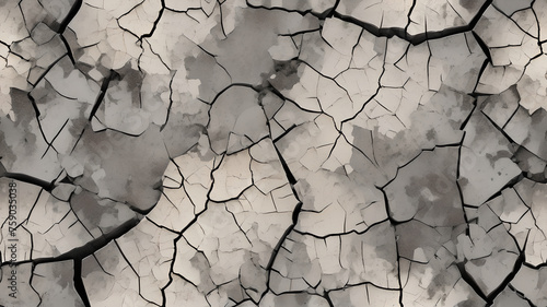 Seamless broken cracks background texture. Tileable stained peeling paint craquelure crackle pattern greyscale grunge overlay. Barren drought concept wallpaper or dry desert backdrop