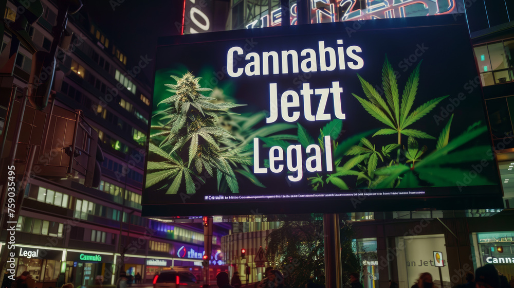 A large billboard illuminated at night, boldly announces the legalization of cannabis with a vibrant marijuana leaf