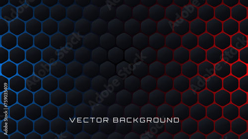 Dark Versus Battle Red vs Blue Lights Under Hexagon Grid. Fight Night, MMA, Esports Event Concept. Hexagonal Abstract Background. Hexagons Hi-Tech Backdrop. Honeycomb Pattern. Vector Illustration.