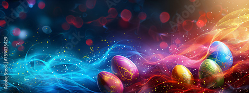 Colorful decorated Easter eggs on dark background with glowing lines, waves and lights. Futuristic technology concept. Creative holiday design for card, banner, poster with copy space photo