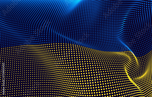 3D Flag of Ukraine made of Particles Dots. Digital Waving Flag of Ukraine. Digital Hackers War Concept. Vector Illustration.