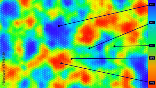 Heat Map Hexagonal Background. Infrared Thermal Camera UI Hexagon Landscape Scan. Temperature Scanner Radar Global Warming Concept. Vector Illustration.