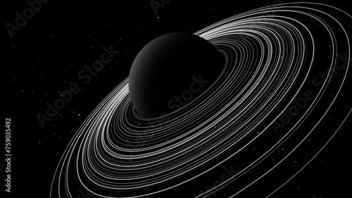 Black Stylized Saturn Planet with Rings. Black Hole Background. Universe and Starry Concept. Gravity Circles. Minimal Art Style Vector Space Illustration.