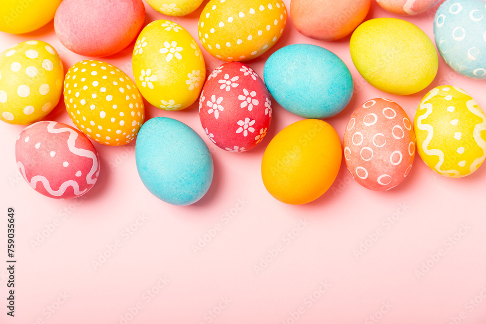 Easter eggs on a bright background. Easter celebration concept. Colorful easter handmade decorated Easter eggs. Place for text. Copy space. Easter eggs on a bright background. Easter celebration concept. Colorful easter handmade decorated Easter eggs. Place for text. Copy space.