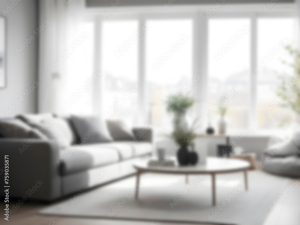 Fototapeta premium Blurred Elegance. Gray Sofas and Coffee Table in a Bright Living Room