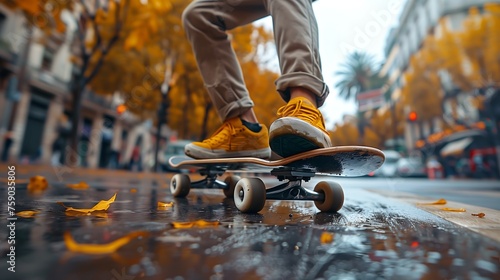 Urban Skateboarding on Wet Street in Autumn