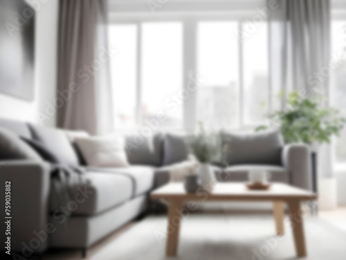 Blurred Serenity. Gray Sofas and Coffee Table in a Bright Lounge