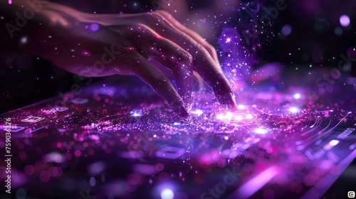Hands engaging with a futuristic control panel, creating a dynamic burst of digital particles and light.