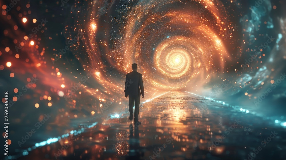 A lone figure walks towards a luminous spiral galaxy portal, embarking on a journey through the cosmos.
