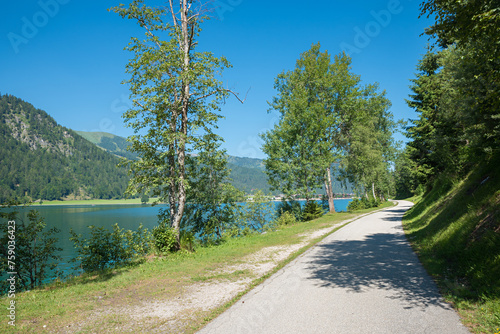 idyllic lakeside walkway along lake Achensee, tyrolean landscape