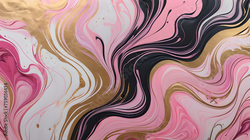 Abstract marble marbled stone ink liquid fluid painted painting texture luxury background banner - Pink petals, blossom flower swirls gold painted lines