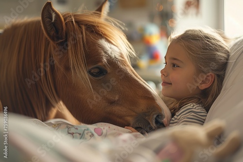 A therapy horse's visit to a children's hospital, A young patient's smile amidst toys and colorful drawings, Emotional healing in pediatric care, supportive animals, animal-assisted therapy