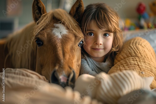 A therapy horse's visit to a children's hospital, A young patient's smile amidst toys and colorful drawings, Emotional healing in pediatric care, supportive animals, animal-assisted therapy