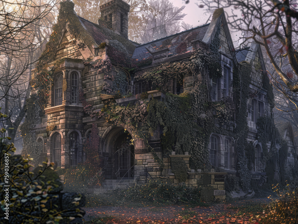 An eerie, yet enchanting view of a gothic manor entwined with thick ivy during the fall season, exuding a sense of mystery An eerie, yet enchanting view of a gothic manor entwined with thick ivy during the fall season, exuding a sense of mystery